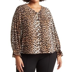 T Tahari Ruffle Cuff Leopard Print Blouse Size 3X